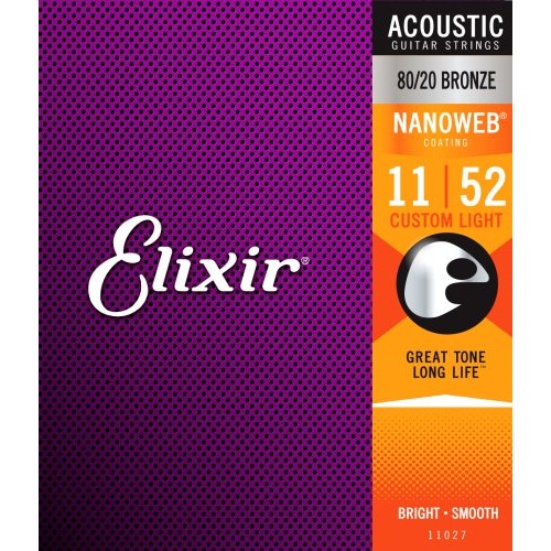 Elixir EL11027 80/20 Bronze Nanoweb Coated Acoustic Guitar Strings, Custom Light (11 - 52)