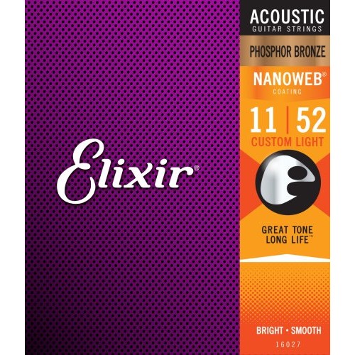 Elixir EL16027 Phosphor Bronze Nanoweb Coated Acoustic Guitar Strings, Custom Light (11 - 52)