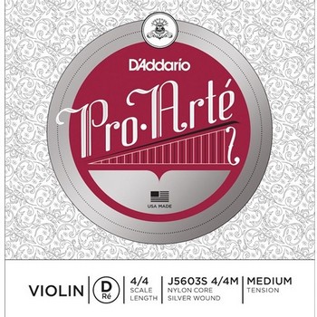 J5603S44M D'Addario Pro Arte Violin Single Silver Wound D String, 4/4 Scale, Medium Tension