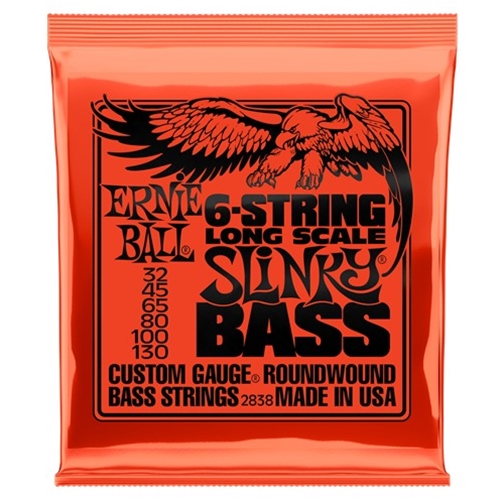 Ernie Ball EB2838 Nickel Wound 6 String Electric Bass Strings, Long Scale Slinky (32 - 130)