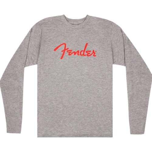 Fender Spaghetti Logo Long Sleeve T-Shirt, Grey with Red Logo
