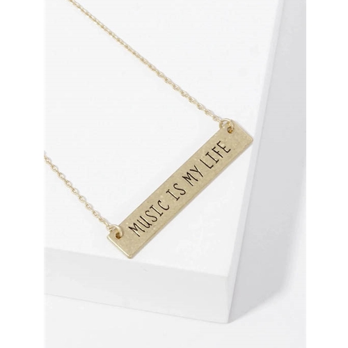 Wild Honey 61-N4251-WG Music Is My Life Engraved Horizontal Bar Pendant Necklace, Worn Gold