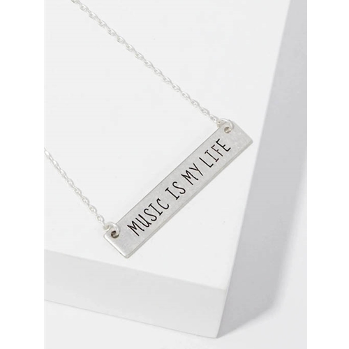 Wild Honey 61-N4251-WS Music Is My Life Engraved Horizontal Bar Pendant Necklace, Worn Silver