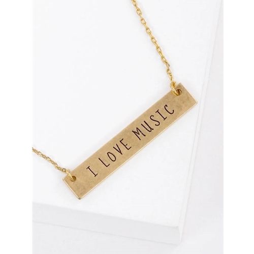 Wild Honey 61-N4272-WG I Love Music Engraved Horizontal Bar Pendant Necklace, Worn Gold