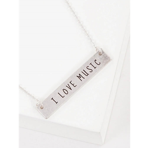 Wild Honey 61-N4272-WS I Love Music Engraved Horizontal Bar Pendant Necklace, Worn Silver