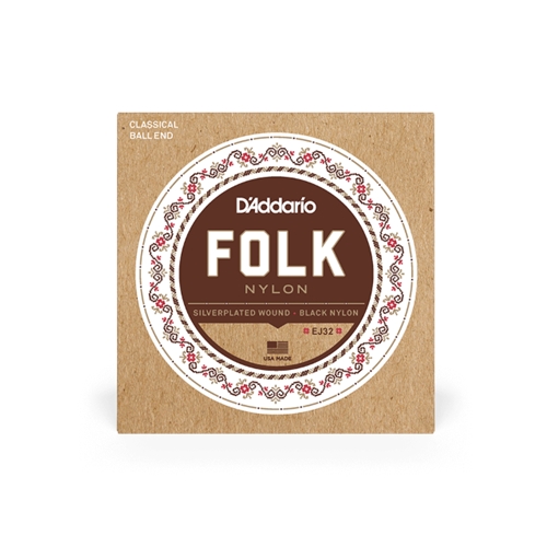 D'Addario  EJ32 Folk Nylon Guitar Strings, Ball End, Silver Wound/Black Nylon Trebles