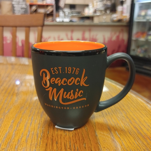 Black Bistro Mug with Beacock Music Logo, Orange